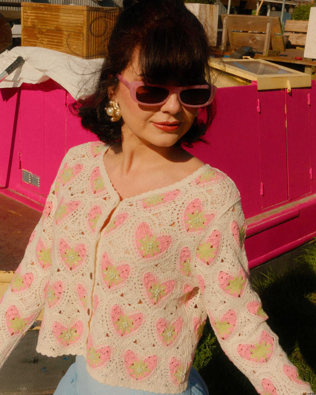 Grazia - Beaded Heart Pattern Crochet Cardigan