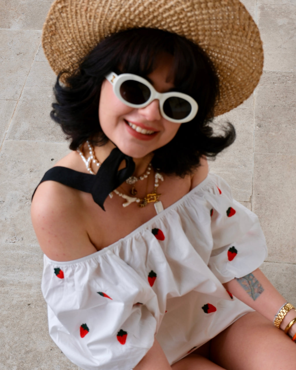 Fragola - Strawberry Embroidery Off the Shoulder Top