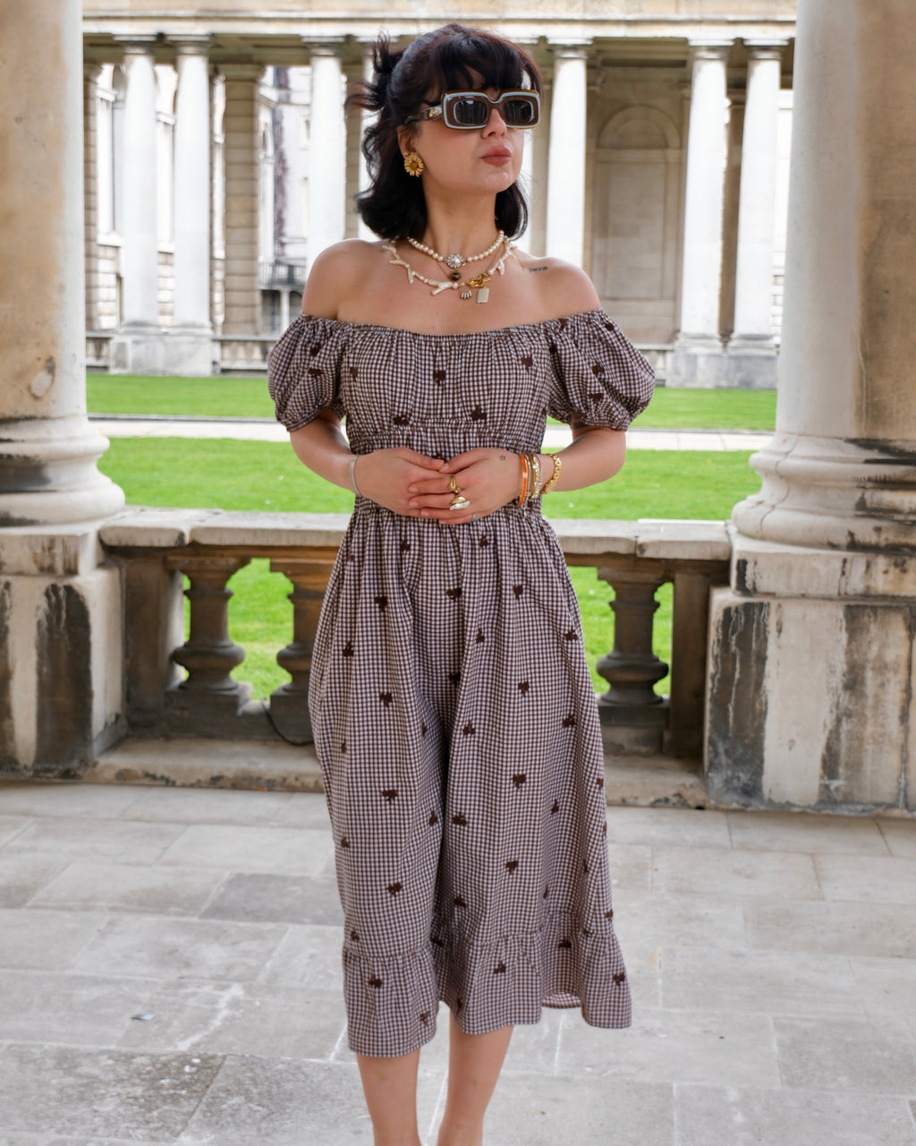 Chiara - Floral Embroidered Gingham Milkmaid Dress